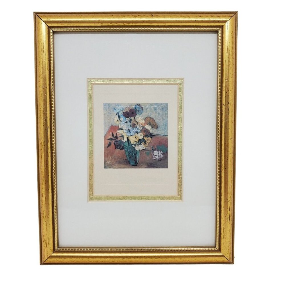 Gold Framed Vincent Van Gogh Print Roses and Anemones Home Office Decor Matted